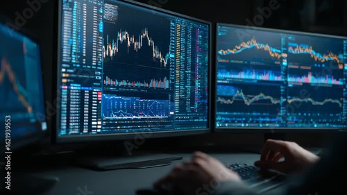 Multiple monitors show live financial data and market trends.