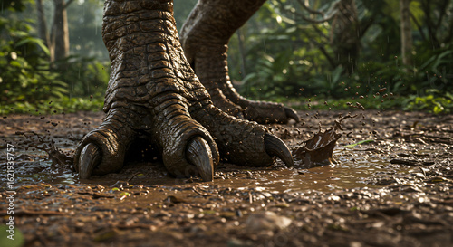 Close-Up View of a tyrannosaurus rex Foot with Sharp Claws on Dirt Ground in a Prehistoric Forest