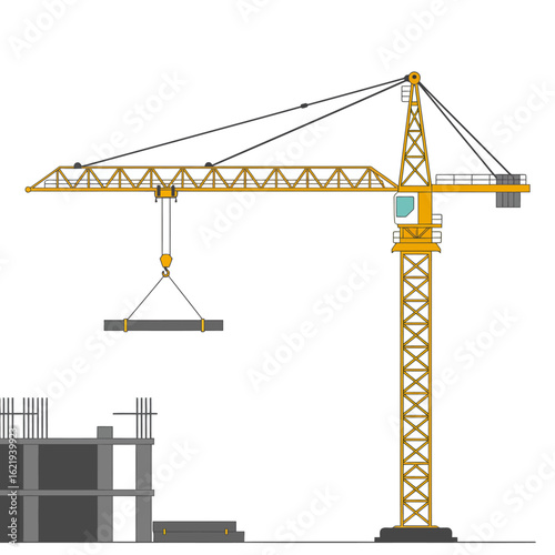 A tall yellow construction crane lifts heavy steel beams at a building site with unfinished concrete structures.