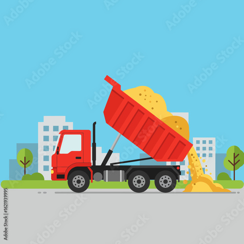 A vibrant red dump truck is actively unloading a large pile of golden sand onto the ground in a modern city environment, illustrating construction work.