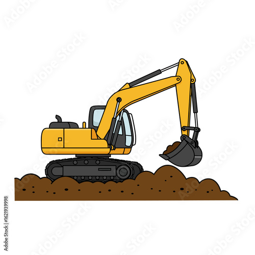 A yellow excavator digs into a pile of dirt, illustrating construction and excavation work, isolated on a white background, ready for various design applications.