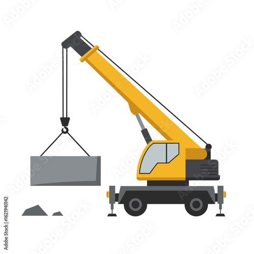 A yellow mobile crane lifts a heavy concrete block with its hook and cable on a construction site, showcasing industrial machinery.