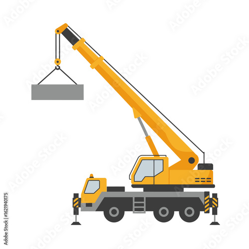 A yellow mobile crane with a long arm lifts a gray concrete block against a plain white background, ideal for construction or industrial projects.