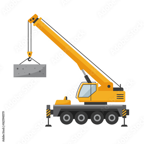 A vibrant yellow crane lifts a large, gray concrete block, set against a clean white backdrop, showcasing construction equipment in a modern, minimalist style.