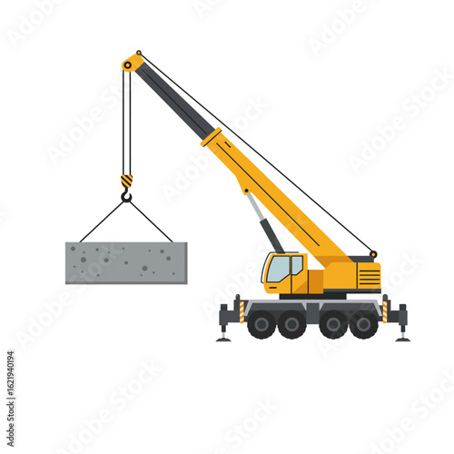 A yellow mobile crane lifts a large concrete block against a plain white background, illustrating construction and industrial processes.