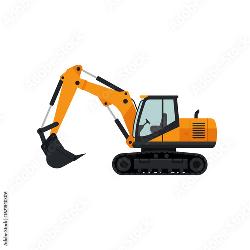 A vibrant yellow excavator, a heavy construction vehicle with a large digging bucket, stands ready for work on a clean white background.