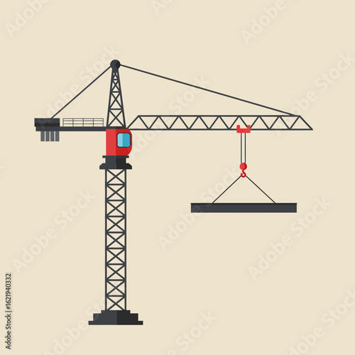 A vector illustration depicts a construction crane lifting a rectangular object, showcasing engineering and building concepts against a neutral background.