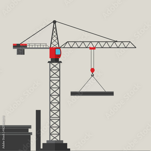 A tall red and gray construction crane lifts a long metal beam against a light gray background, ready for building construction.