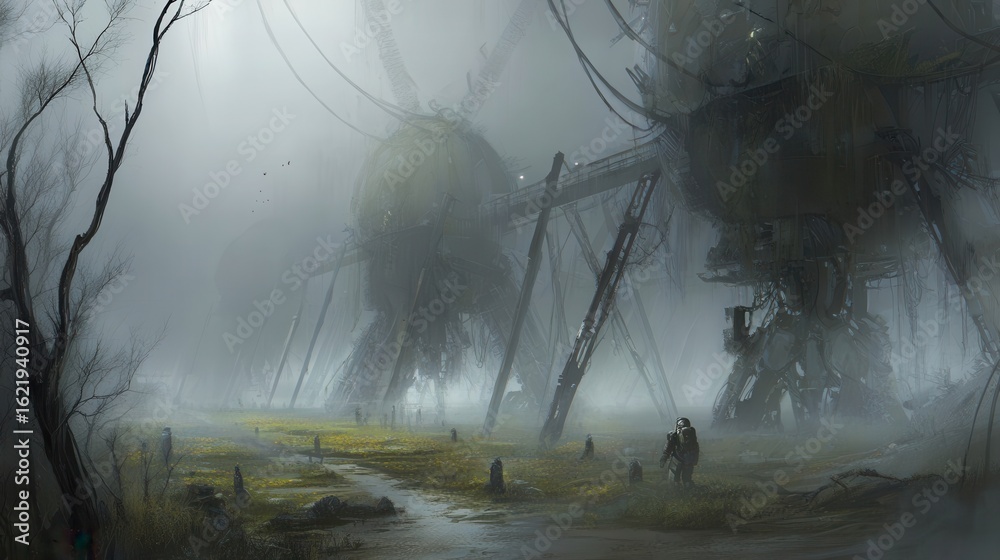 Fototapeta premium Fog-shrouded landscape with colossal, derelict machinery.