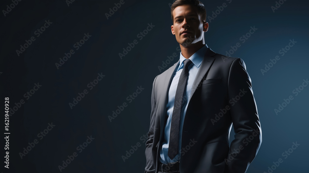 Fototapeta premium Professional Businessman in Dark Suit with Confident Pose, Modern Corporate Leadership Portrait