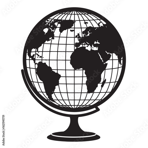 Black and white earth globe illustration representing global concepts and geography