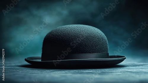 Obraz na płótnie Elegant black bowler hat on table with dramatic blue background a against
