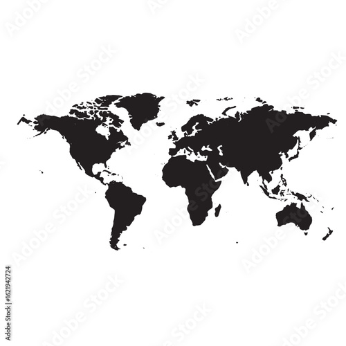 Black and white world map isolated on a clean white background for graphic design elements