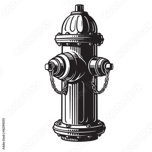 Detailed black and white illustration of a classic american fire hydrant on white background