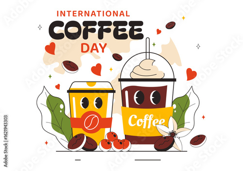 International Coffee Day Vector Illustration on 1st October, Featuring Aromatic Coffee and a Relaxing Drink with a Brown Background in a Cute Cartoon