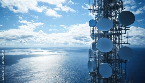 Satellite dish installation for digital connectivity technology against a blue sky backdrop, Communication with dishes