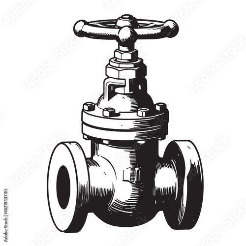 Detailed monochrome illustration of a gate valve depicting industrial mechanical plumbing equipment