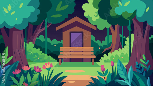 A small hidden nook in the garden complete with a charming wooden bench where visitors can escape for a quiet meditative moment.