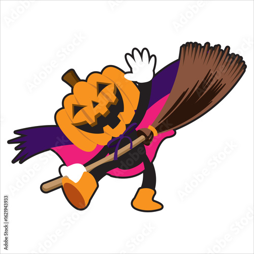 ハロウィンにぴったりな、カボチャのランタンがほうきに乗って楽しそうに飛んでいるイラスト