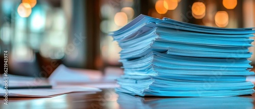 Stack of papers on desk representing heavy workload and organized paperwork in Close-up a large