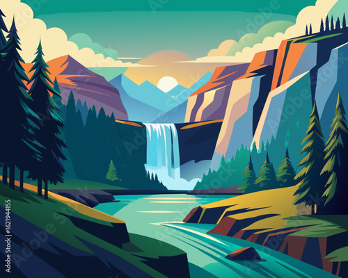 flat illustration of a waterfall