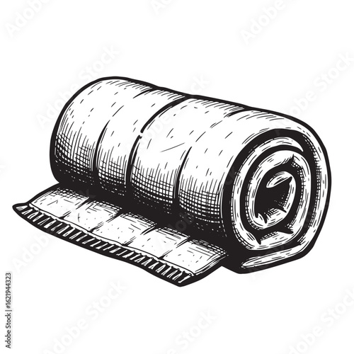 Hand drawn illustration of a rolled up sleeping bag or blanket isolated on white