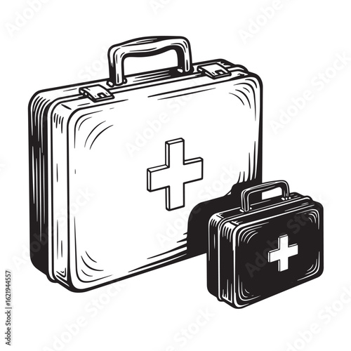Hand drawn illustration of two vintage first aid kits with medical cross symbols