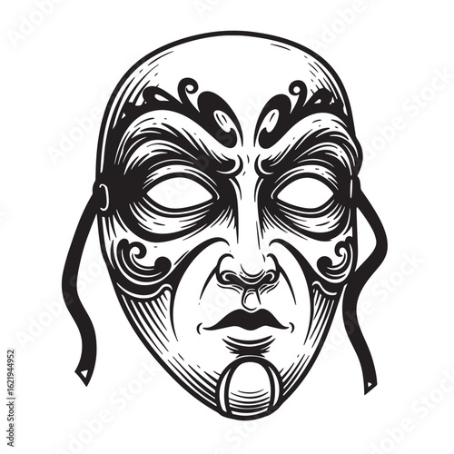Intricate engraved mask artwork depicting a dramatic face for halloween or theatrical designs
