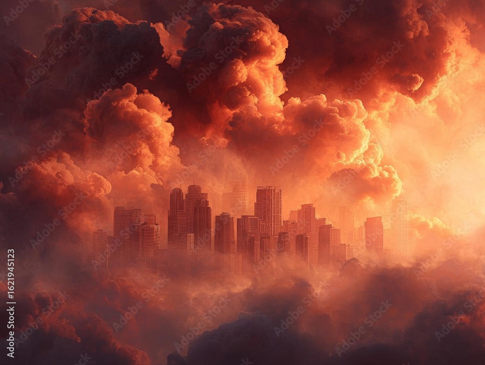 Obraz premium Dramatic skyline emerging from vibrant, colorful stormy clouds.