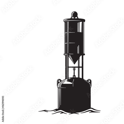 Vintage illustration of a tall black buoy floating in the ocean water signaling navigation
