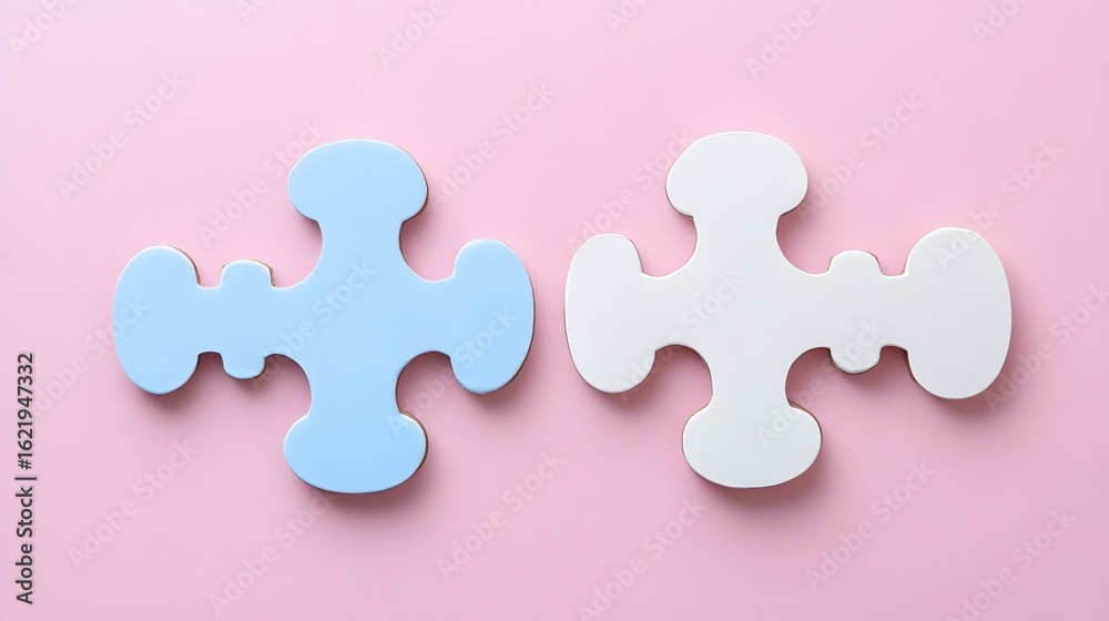 Two interconnected puzzle pieces, one blue and one white, on a pastel pink background symbolizing connection, teamwork, cooperation, and problem-solving Two interconnected puzzle pieces, one blue and one white, on a pastel pink background symbolizing connection, teamwork, cooperation, and problem-solving