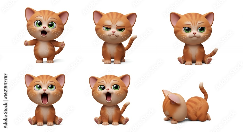 Fototapeta premium Cartoon ginger cat set with various expressions