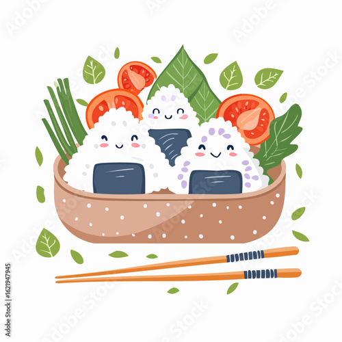 Cute hand-drawn bento lunch set with onigiri, vegetables and chopsticks, flat illustration