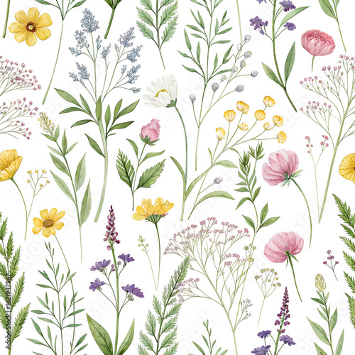 Floral seamless pattern vector illustration with vintage retro flowers, leaves, and branches for summer textile design and decoration