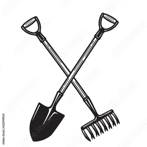 Black and white illustration of a crossed garden shovel and rake with a simple aesthetic