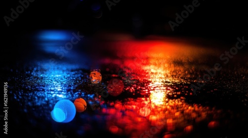 Reflection of emergency vehicle lights on wet pavement after rain,