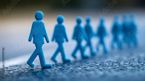 Close-up of blue foam figures walking in a line on textured surface representing teamwork or leadership concepts