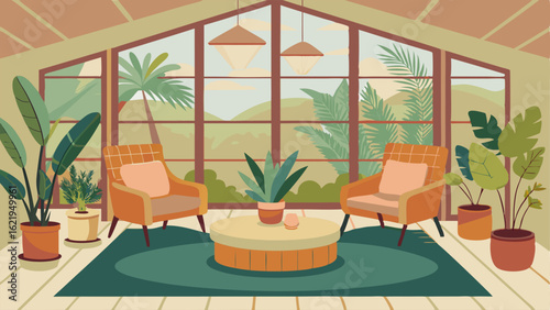 A sunroom with wicker furniture potted plants and a jute rug.