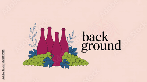 Four magenta wine bottles with green grapes and blue leaves on a pale pink background vineyard