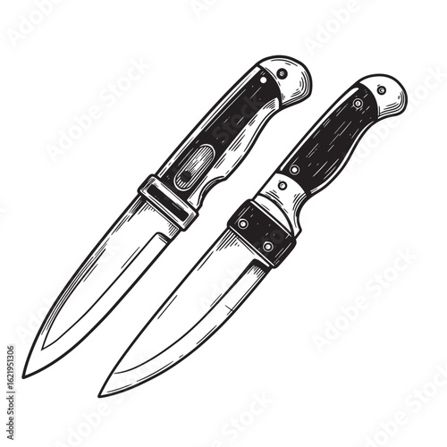 Detailed black and white illustration of two hunting knives with wooden handles