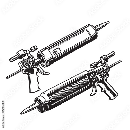 Detailed black and white illustration of two industrial caulking guns against a white background