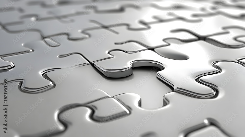 Close-up of glossy silver puzzle pieces fitting together on a reflective surface, representing teamwork, problem solving, and collaboration concepts Close-up of glossy silver puzzle pieces fitting together on a reflective surface, representing teamwork, problem solving, and collaboration concepts