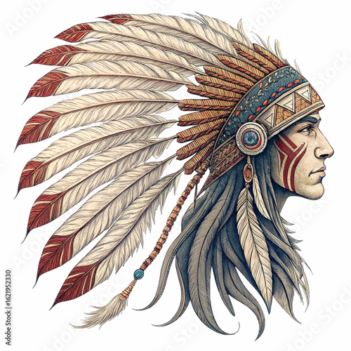 Majestic Native American chief with elaborate feather headdress and war paint