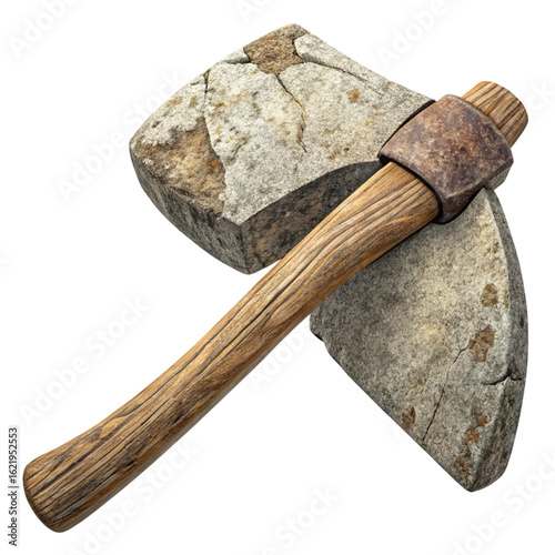 Ancient stone axe with weathered wooden handle evokes primal strength and historical significance