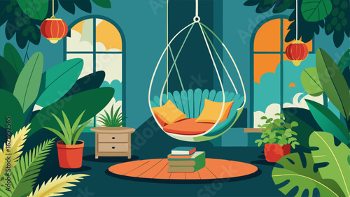 A reading nook with a swing chair hanging from the ceiling surrounded by tropical plants.