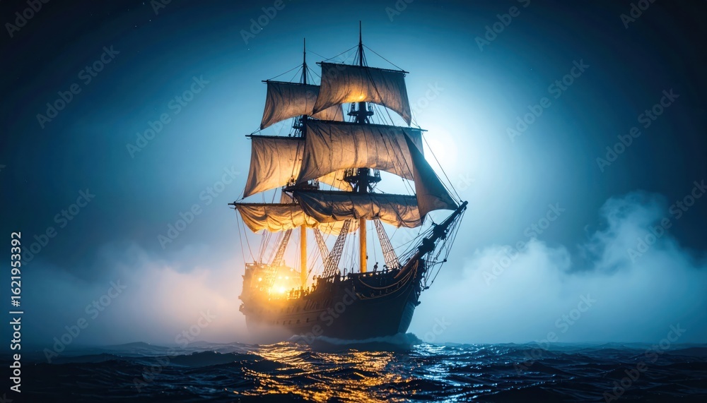 Obraz premium Sailing Ship at Night with Ocean, Clouds, Fantasy, and Stormy Water.