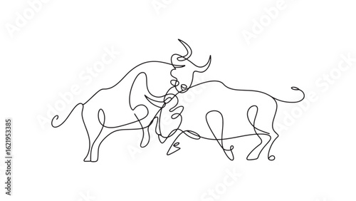 Dynamic Continuous Line Drawing of Two Bulls Fighting on a Transparent Background