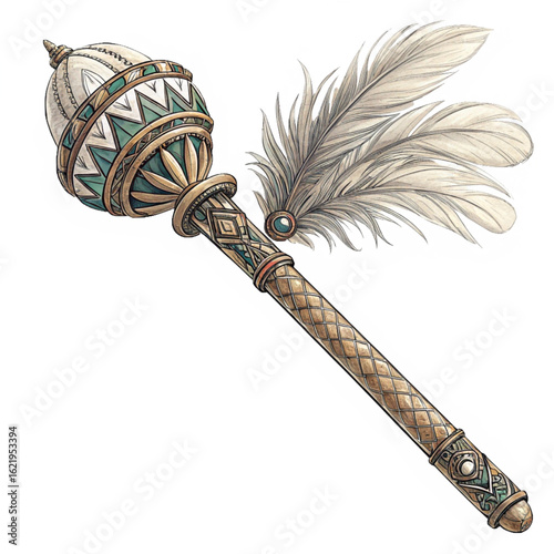 Ornate ceremonial mace with elegant feathers and intricate golden detailing