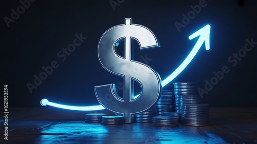 Large silver dollar sign with glowing blue upward trending arrow and stacks of coins money finance