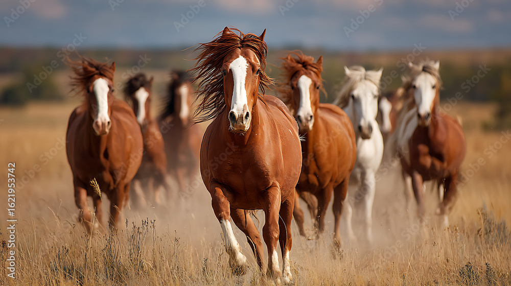 Obraz premium A herd of galloping horses in a golden field during sunset, showcasing freedom and movement